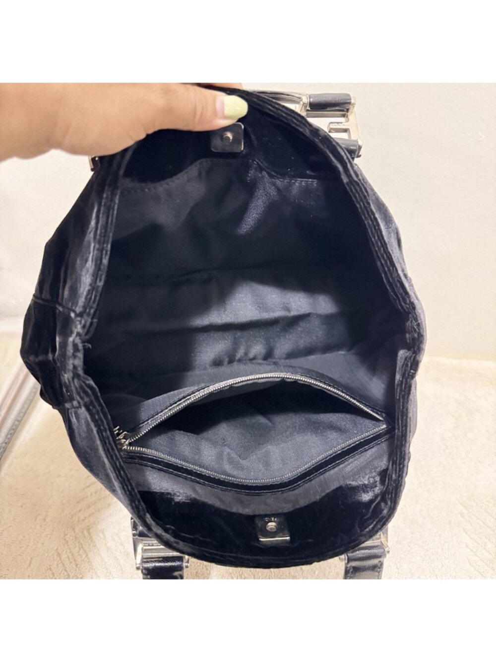 Vintage Fendi Black Velvet FF Top Handle Hand Bag Silver Hardware Made Italy - Picture 8 of 12